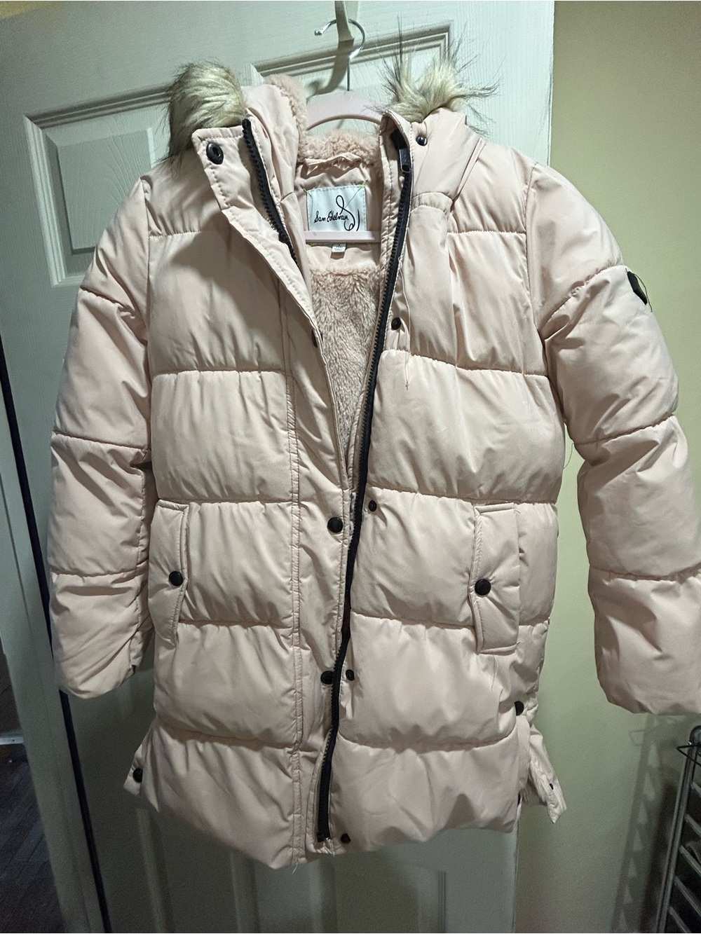 Sam Edelman Pale Pink Faux-Fur Hooded Puffer Coat